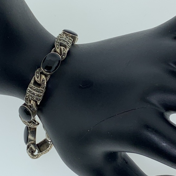 Vintage Marcasite, Onyx and Sterling Silver Bracelet - Picture 2 of 7